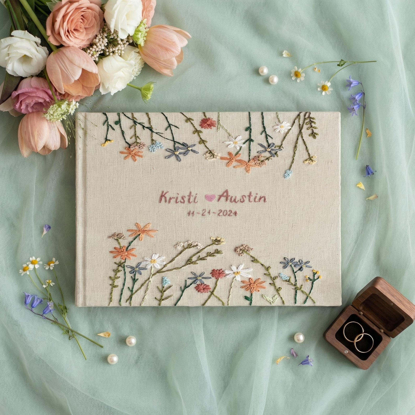 Custom Embroidered Linen Wedding Guest Book, Personalized Landscape Notebook, Hand Embroidered Flowers Memory Book, Hardbound Scrapbook - 7, Style 1