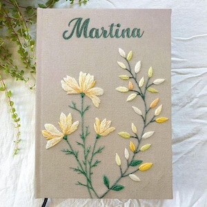 Personalized A5 Linen Journal with Flower Embroidery, Hand-Embroidered Notebook, Fabric Hard Cover Journal, Perfect for Vow Books