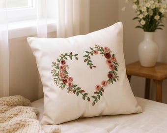 Heart Rose Hand Embroidered Pillowcase, Handmade Cushion Cover, Floral Linen Pillow Cover, Living Room Decor, Home Decor, Handmade Gift