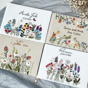 Libro de invitados de boda de lino bordado a mano con nombre personalizado, cuaderno con paisaje personalizado, libro de recuerdos con flores bordadas, álbum de recortes de tapa dura