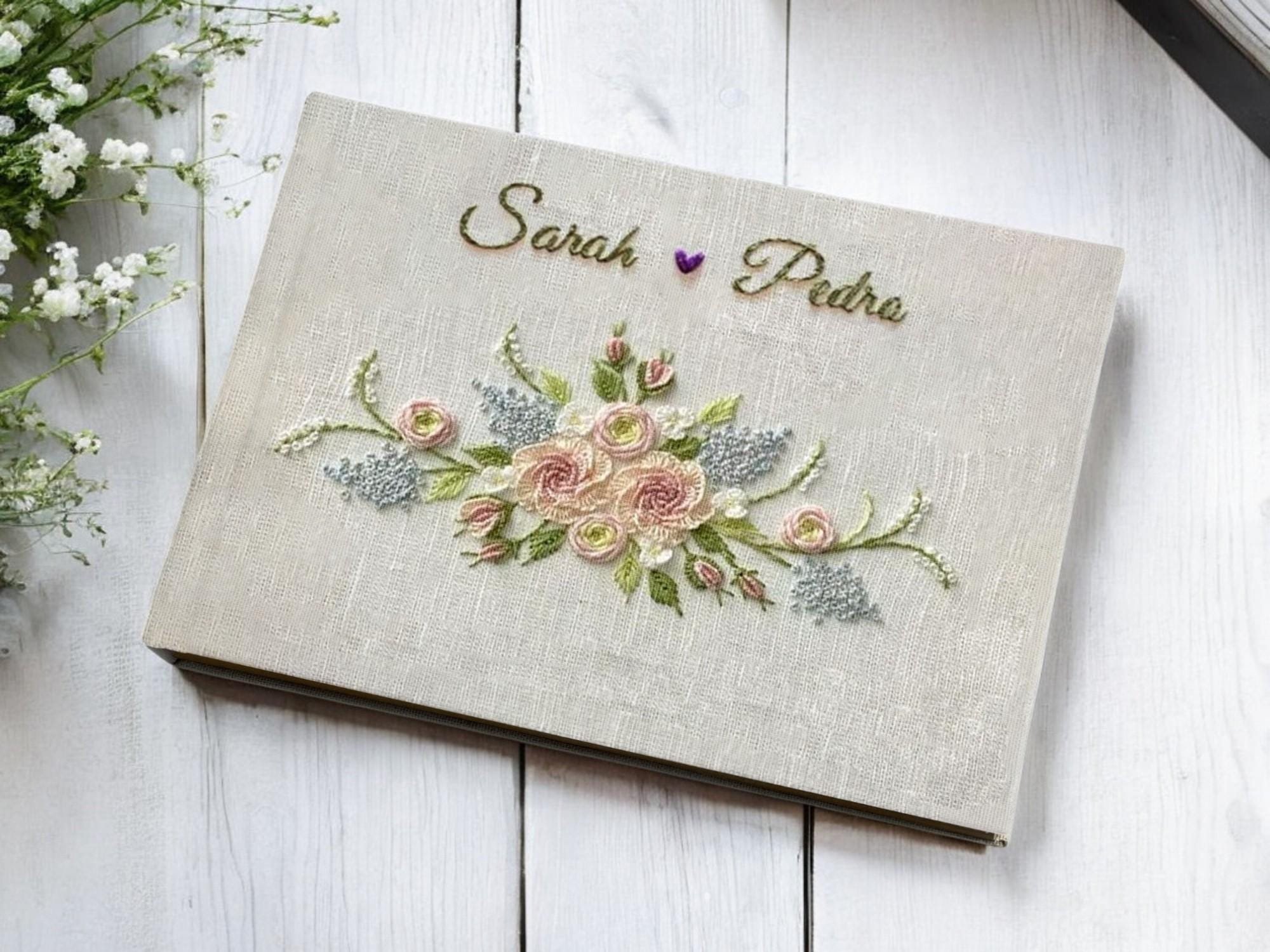 Personalized Embroidered Linen Wedding Guest Book, Custom