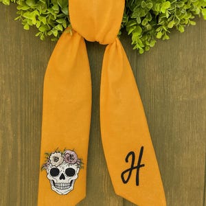 Skull Flower Hand Embroidered Halloween Wreath Sash, Custom Handmade Linen Wreath Bow, Personalized Door Decor, Seasonal Wreath Sash