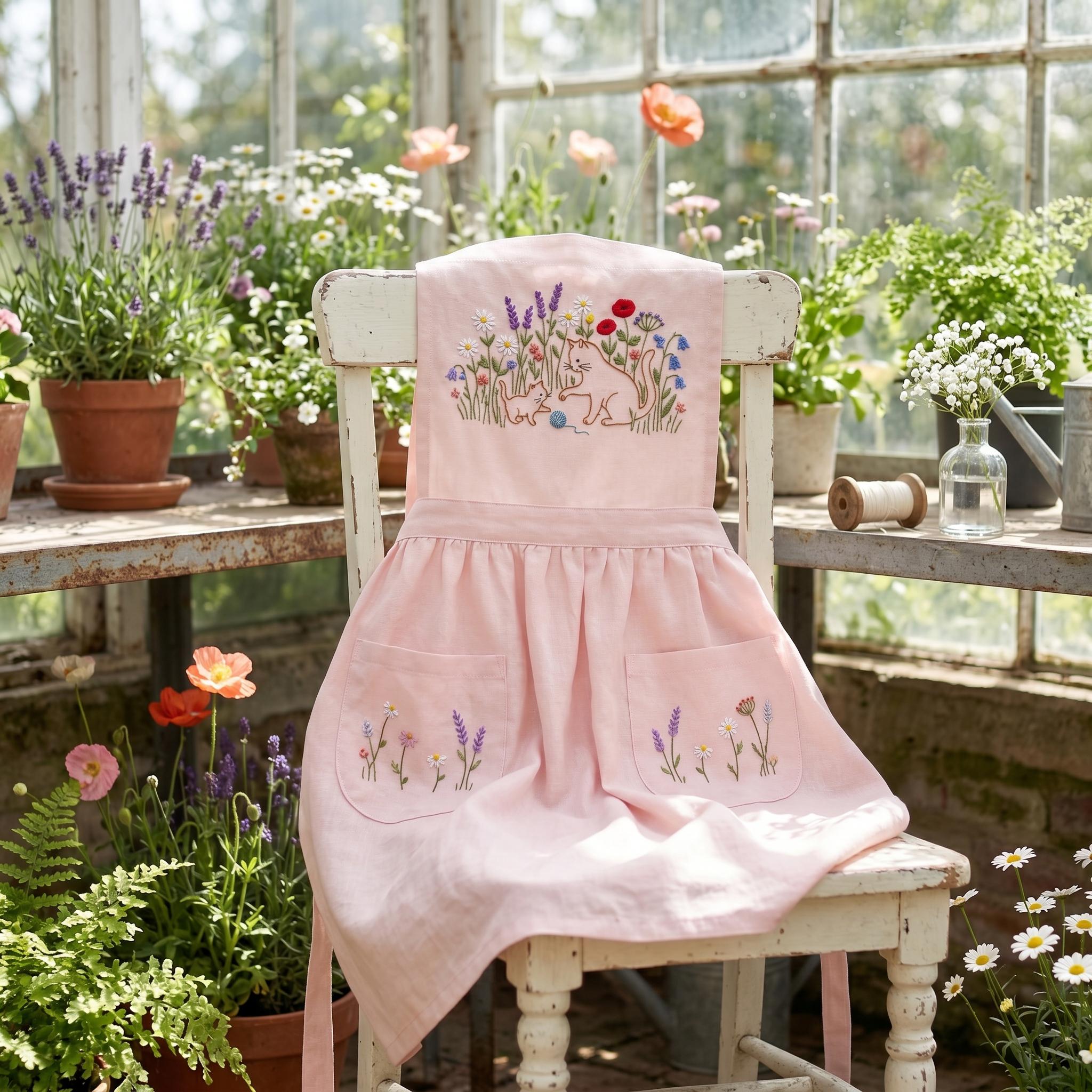 Linen Apron With Hand Embroidered Cats and Wildflowers, Floral