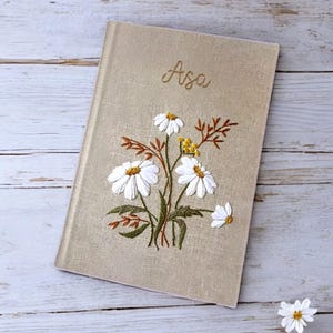 Personalized Daisy Embroidered Notebook, Hand Embroidered Notebook, Fabric Cover Notebook, Custom Name A5 Notebook, Adjustable Book Cover