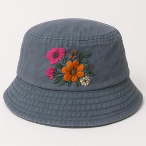 Vintage Floral Bouquet Hand-Embroidered Bucket Hat, Summer Hat with Floral Embroidery, Handmade Beach Hat, Sun Garden Hat, Gift For Mom