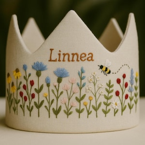Personalized Wildflowers Birthday Party Crown, Hand Embroidered Linen Crown for Birthdays, Gifts for Birthday, Custom Handmade Baby Crown