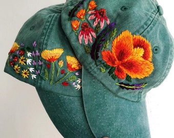 Orange Flower Hand Embroidered Baseball Hat for Women, Embroidered Denim Cap, Vintage Hat For Woman, Embroidered Baseball Cap