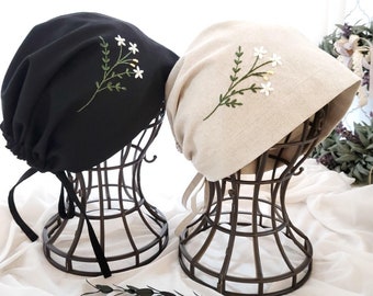 Bandana de cuisine brodé de fleurs, bandana en lin fait main, foulard en lin brodé à la main, accessoires de tête, cadeau brodé