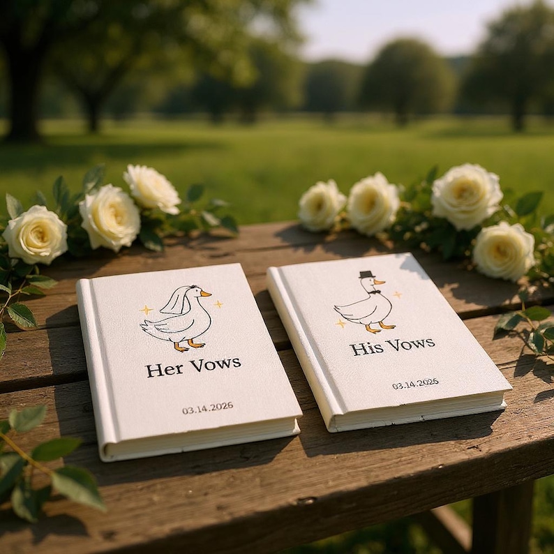 A6 Vow Books with Couple Duck Embroidery, Personalized Hand Embroidered Linen Cover Wedding Notebook,Custom Name Date Couple Engagement Gift