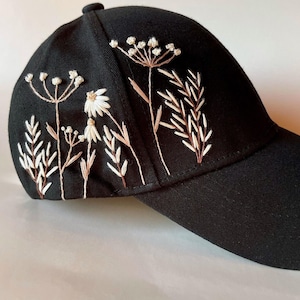 Dandelions And Daisy Flower Hand Embroidered Hat, Embroidered Denim Cap, Handmade Beach Hat, Sun Garden Hat, Mother&#39;s Day Gift Idea