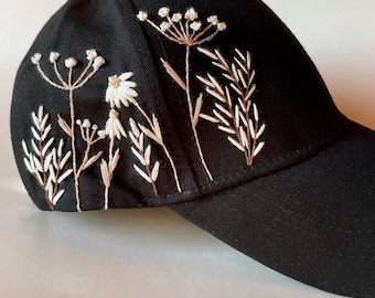 Dandelions And Daisy Flower Hand Embroidered Hat, Embroidered Denim Cap, Handmade Beach Hat, Sun Garden Hat, Mother's Day Gift Idea