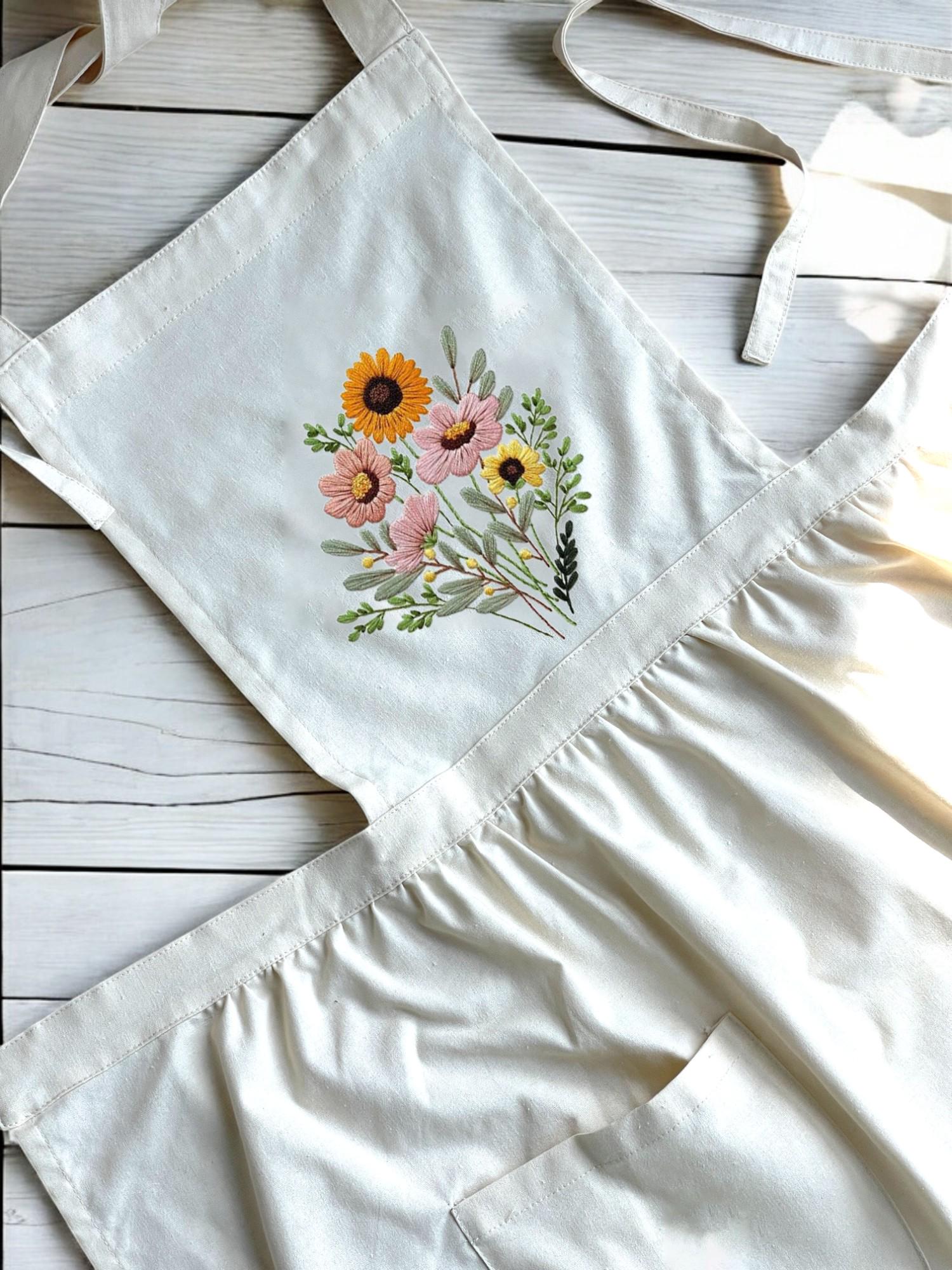手刺繍の花束エプロン、刺繍花柄エプロン、リネンエプロン、キッチン 