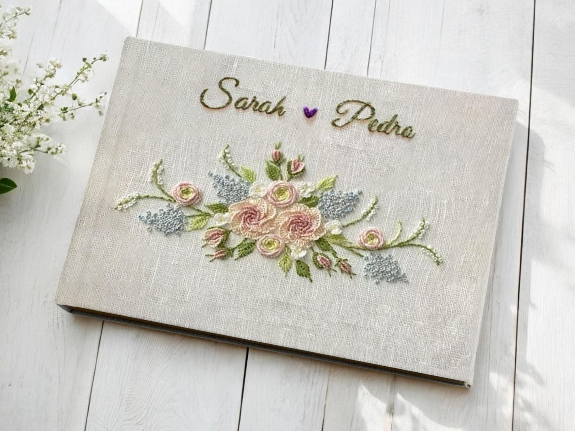 Personalized Embroidered Linen Wedding Guest Book, Custom