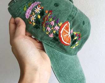 Orange And Flowers Hand Embroidered Baseball Hat for Women, Embroidered Denim Cap, Vintage Hat For Woman, Embroidered Baseball Cap