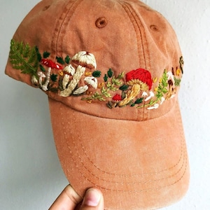 Mushroom Hand Embroidered Baseball Hat for Women, Cactus Embroidered Denim Cap, Vintage Hat For Woman, Embroidered Baseball Cap