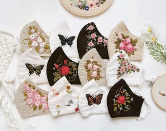 Gezichtsmasker geborduurd vlinder, handgeborduurd linnen gezichtsmasker, bloemen gezichtsmasker, comfortabele verstelbare gezichtsmaskers, vintage maskers cadeau