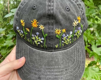 Wild Flower Hand Embroidered Baseball Hat, Embroidered Denim Cap, Handmade Beach Hat, Sun Garden Hat, Mother's Day Gift Idea