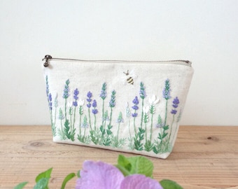 Lavender Field Embroidery Pouch, Handmade Cosmetic Bag, Embroidered Pencil Case, Vintage Makeup Bag, Mother's Day Gift, Student Gift