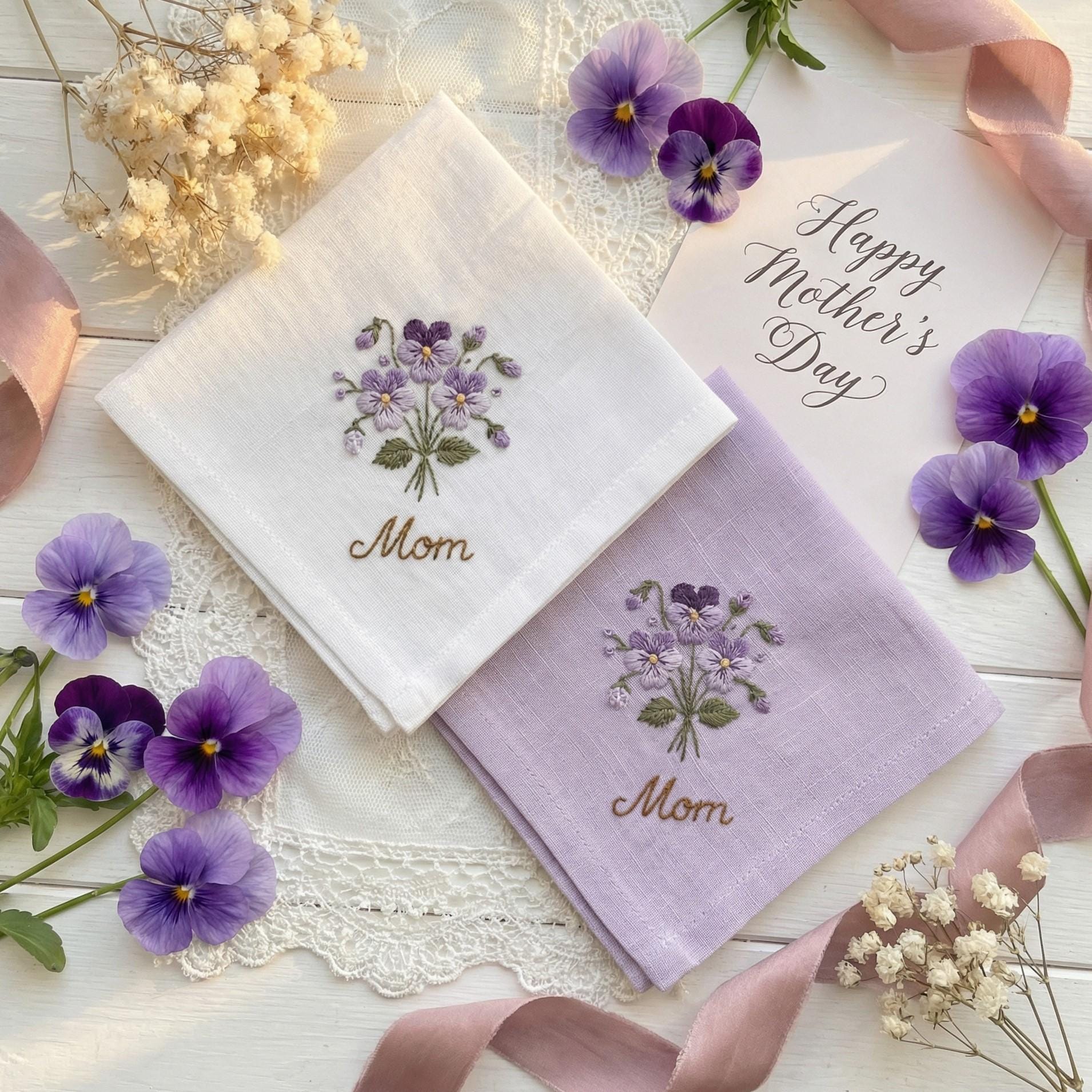 Personalized Pansy Embroidered Handkerchief, Handmade Soft Linen Handkerchief, Mother's Day Gift, Floral Bouquet Napkin Set, Mom Keepsake