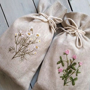 Flower Embroidery Drawstring Bag, Linen Gift Wrapping, Handmade Drawstring Bag, Storage Pouch, Jewelry Pouch, Mother's Day Gift