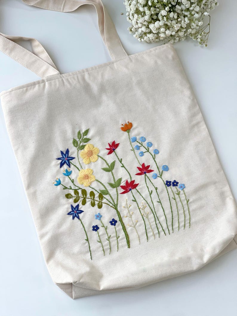Wildflowers Embroidery Tote Bag, Hand Embroidery Line Bag, Hand ...