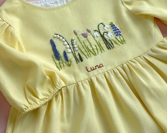 Custom Name Spring Flowers Garden Hand Embroidery Dress, Girls Soft Linen Dress, Toddler Linen Dress, 1st Birthday Girl Dress, Kids Clothing