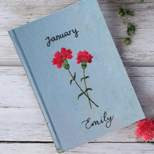 Custom Name Embroidered Notebook Carnation, January Birth Month Flower, Personalized Journal, Handmade Notebook, Birthday Gift, Custom made