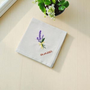 Custom Lavender Hand Embroidered Linen Handkerchiefs, Something Blue for Bride, Personalized Linen Embroidered Handkerchief, Wedding Gift