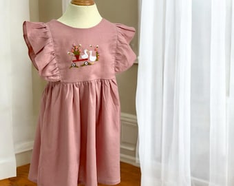 Hand Embroidered Dress with Ducks/Goose, Soft Linen Dress, Toddler Linen Dress, Personalized First Birthday Girl Dress, Kid Clothing