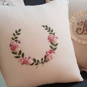 Pink Roses Embroidery Pillowcase, Handmade Cushion Cover, Floral Linen Pillow Cover, Living Room Decor, Home Decor, Handmade Gift