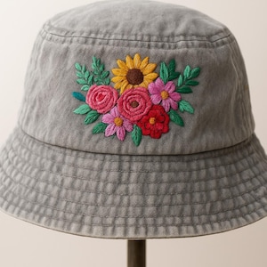 Vintage Summer Hat with Sunflower Embroidery, Floral Bouquet Hand-Embroidered Bucket Hat, Handmade Beach Hat, Sun Garden Hat, Gift For Mom