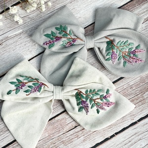 Hai Bow with Lilac Embroidery For Girls, Cute Hair Accessories, Custom Name Bow, Fabric Hair Bow Tie, Girl Birthday Gift