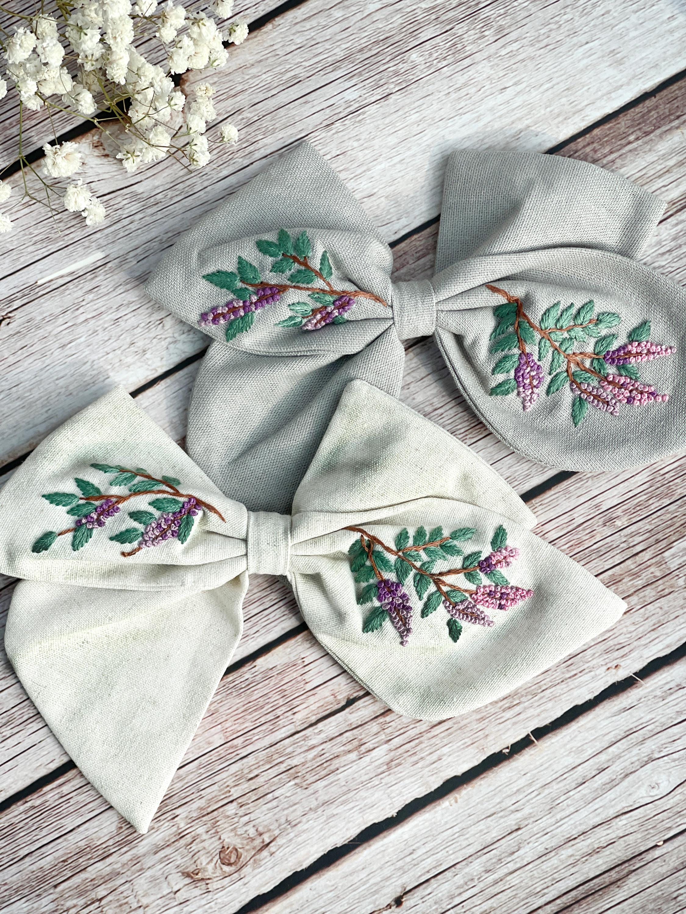 Hai Bow With Lilac Embroidery for Girls, Cute Hair Accessories 