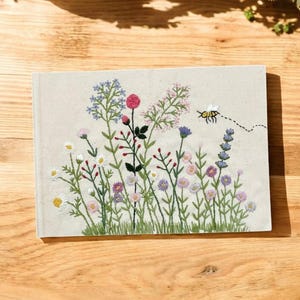 Hand Embroidered Flowers Garden Landscape Notebook, Personalized Embroidered Linen Wedding Guest Book,Memory Book,Custom Hardbound Scrapbook