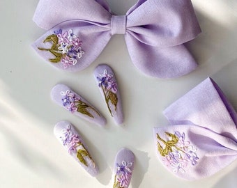 Flower Embroidery Hair Bow, Hand Embroidered Hair Bow, Embroidery Hair Tie, Hand Embroidered Linen Hair Clips, Floral Embroidery Hair Clips