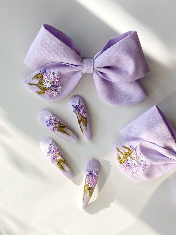 Flower Embroidery Hair Bow, Hand Embroidered Hair Bow, Embroidery Hair Tie, Hand Embroidered Linen Hair Clips, Floral Embroidery Hair Clips