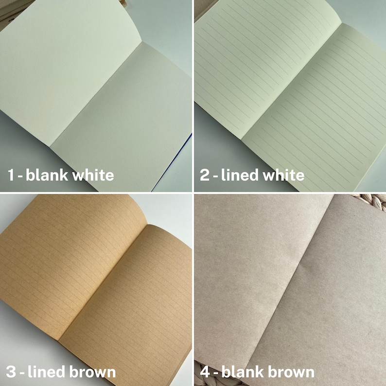 Op de afbeelding: Vier notitieboekjes, twee wit en twee bruin, met verschillende papiersoorten. De witte notitieboekjes zijn blanco en gestreept. De bruine notitieboekjes zijn blanco en gestreept.
