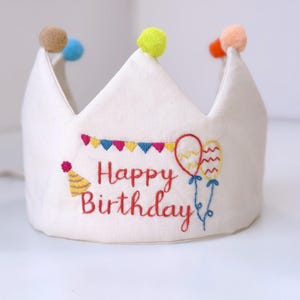 Custom Name Birthday Party Crown, Personalized Hand Embroidered Linen Crown for Birthdays, 1st Birthday Keepsake Gift, Handmade Fabric Crown