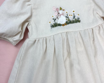 Custom Dress with Hand Embroidered Birthday Goose, Girls Soft Linen Dress, Toddler Linen Dress, First Birthday Girl Dress, Kids Clothing