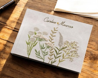 Custom Hand-Embroidered Fabric Notebook, Personalized Wildflower Journal, Handmade Hardcover Diary, Linen Wedding Guest Book