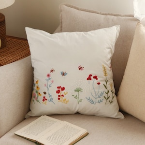 Herb Farm Flower Embroidery Cushion Pillow Cover, Handmade Cushion Cover, Floral Linen Pillow Cover, Living Room Decor, Handmade Gift
