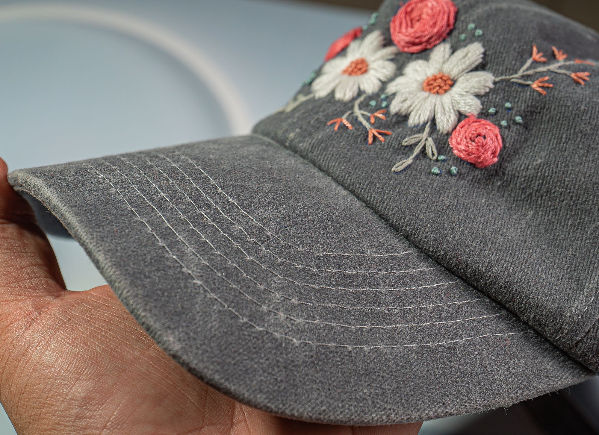 Daisy and Pink Rose Hand Embroidered Baseball Hat for Women