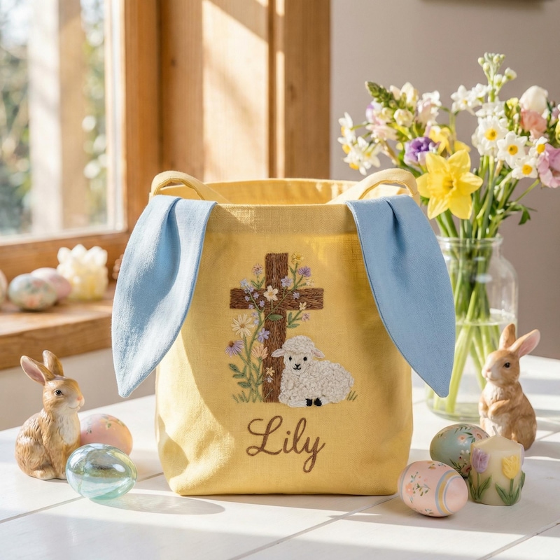 Personalized Baby Sheep Christian Easter Basket, Egg Hunt Embroidery Linen Basket, Jesus Cross Easter Basket, Bunny Ears Bag for Kids