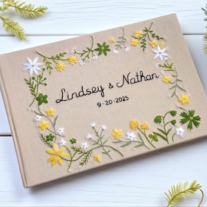 Personalized Floral Hand Embroidered Linen Wedding Guest Book, Custom Landscape Notebook, Embroidered Flower Memory Book,Hardbound Scrapbook