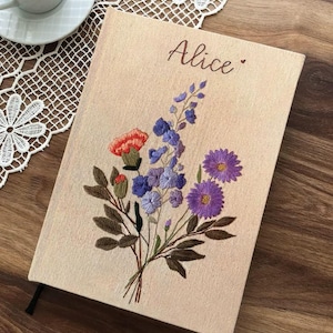Personalized Fabric Notebook with Floral Embroidery, Handmade A5 Journal with Custom Name, Fabric Hard Cover Journal, Linen Book Cover