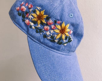 Hand Embroidered Baseball Hat, Flower Embroidery Denim Cap, Beach Hat For Woman, Embroidered Baseball Cap, Gift For Her