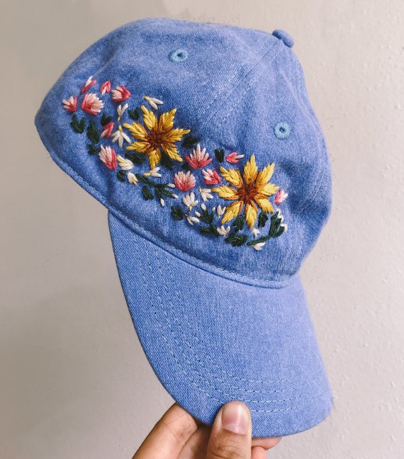 Buy Hand Embroidered Baseball Hat, Flower Embroidery Denim Cap