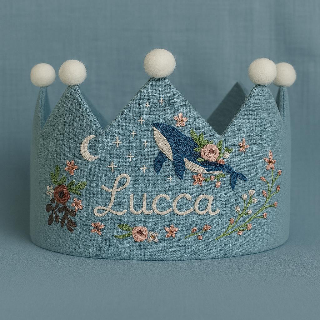 Personalized Whale Birthday Hand Embroidered Party Crown, Custom Floral Linen Crown for Birthday, Gifts for Birthday,Handmade Birthday Crown