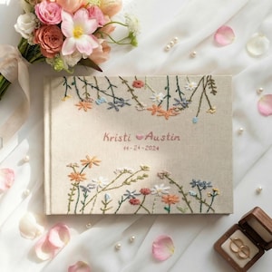Custom Embroidered Linen Wedding Guest Book, Personalized Landscape Notebook, Hand Embroidered Flowers Memory Book, Hardbound Scrapbook