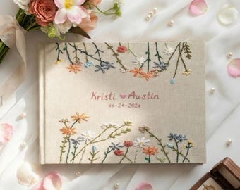 Custom Embroidered Linen Wedding Guest Book, Personalized Landscape Notebook, Hand Embroidered Flowers Memory Book, Hardbound Scrapbook